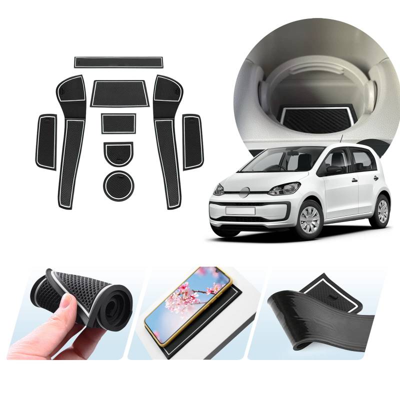 LUWU Kompatibel mit VW UP/Seat MII/Skoda Citigo 2013-2022 2023 Antirutschmatten Gummimatten für Mittelkonsole,Armlehne Aufbewahrung,Becherhalter,Auto Zubehör Innenraum Tunig Mat 9 Stück (Weiß) von LUWU