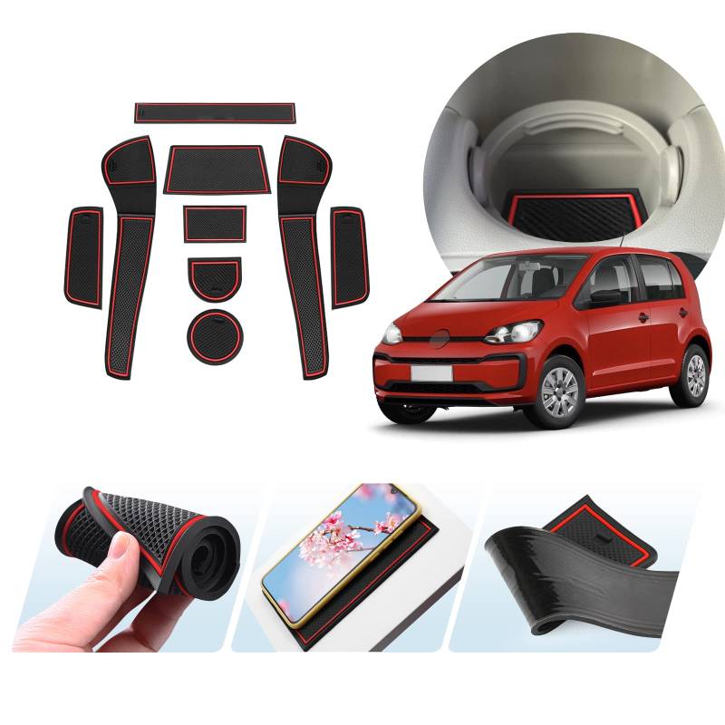 LUWU Kompatibel mit VW UP/Seat MII/Skoda Citigo 2013-2023 2024 Antirutschmatten Gummimatten für Mittelkonsole,Armlehne Aufbewahrung,Becherhalter,Auto Zubehör Innenraum Tunig Mat 9 Stück (Rot) von LUWU