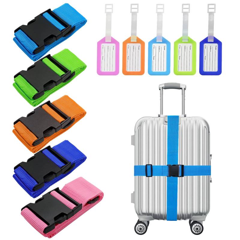 5 Stück Kofferband Gurt mit Kofferanhänger Set, Luggage Strap Koffer Gurte Gepäckgurt Koffer Gurt Koffer Band Koffergurte farbig Koffergurte von LWMLWM