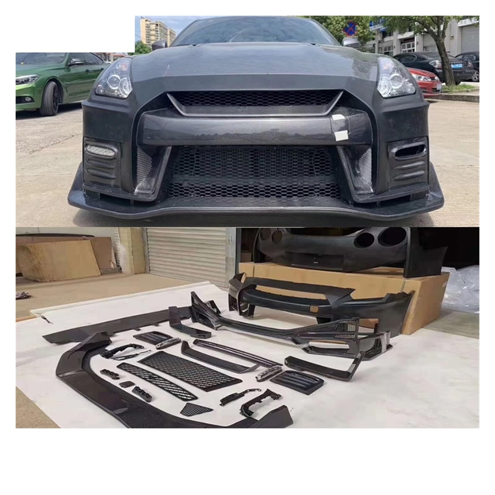 LXCHOU N-Stil Kohlefaser oder PP FRP Material vorne Stoßstange hinten Seitenschweller Spoiler kompatibel for Nissan GTR R35 Auto Tuning 2009–2017(Half CF) von LXCHOU