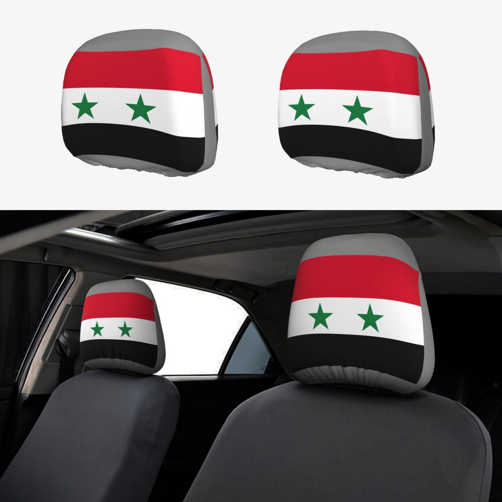 LXqlSS Kopfstützenbezüge für Auto, Motiv: Flagge der Arabischen Republik Syrien, 2 Stück, atmungsaktiv und dehnbar, Autozubehör für Autositze von LXqlSS