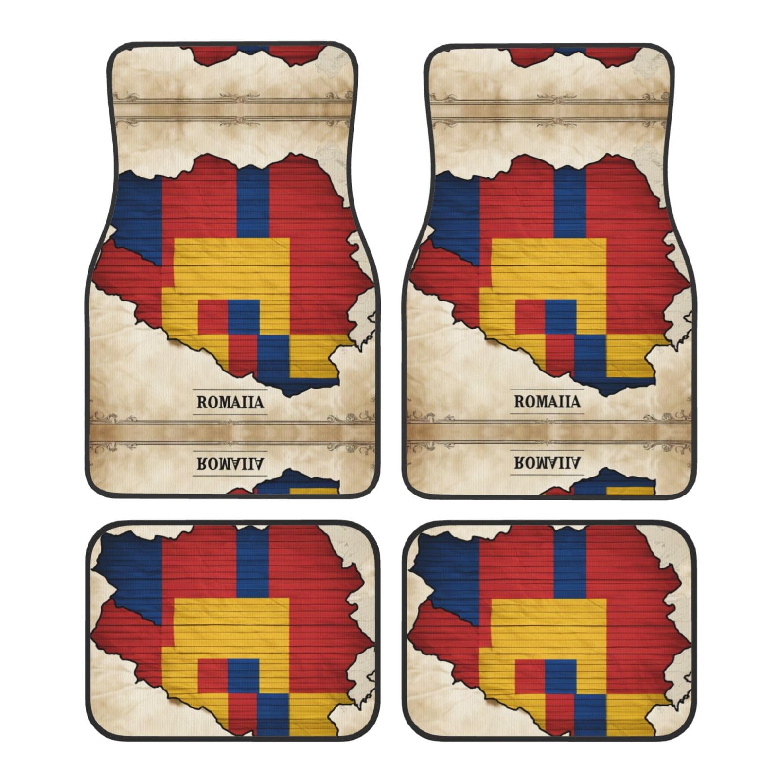 Rumänien Flagge Karte mit horizontalen Linien Druck Fußmatten für Autozubehör Automatten Allwetter, passend für LKW, SUV, Fahrzeug von LXqlSS