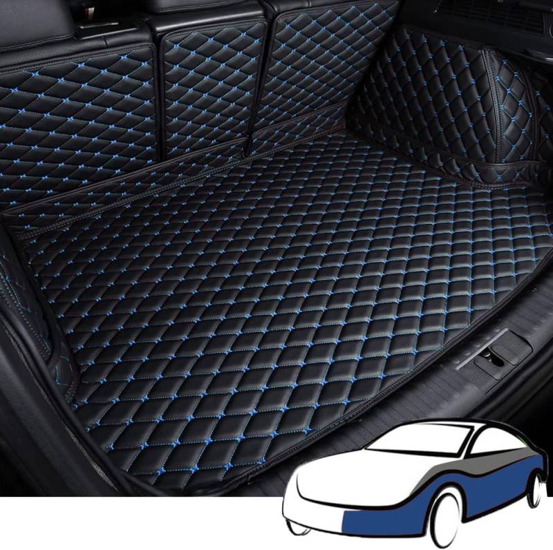 Voller Surround Auto Leder Kofferraummatten für Audi Q2 e-tron 2019-2023 2024 2025, wasserdichte Anti-Scratch Leder Kofferraum Schutzmatten Zubehör,Black+Blue von LYJXD