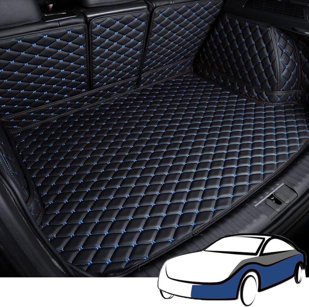 Voller Surround Auto Leder Kofferraummatten für Audi Q8 2018-2023 2024 2025, wasserdichte Anti-Scratch Leder Kofferraum Schutzmatten Zubehör,Black+Blue von LYJXD