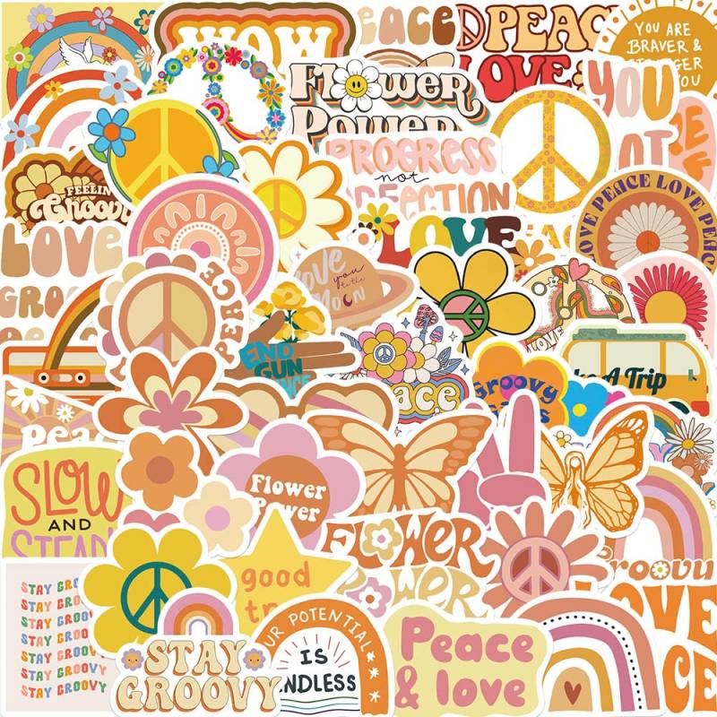 Groovy Boho Hippie Aufkleber 50 Stück Vinyl Niedliche Peace Love Sticker für Skateboard Laptop Wasserflaschen Scrapbook Auto Fahrrad Gepäck,Wasserdichte Aesthetic Boho Aufkleber für Kinder Erwachsene von LYLSDSB