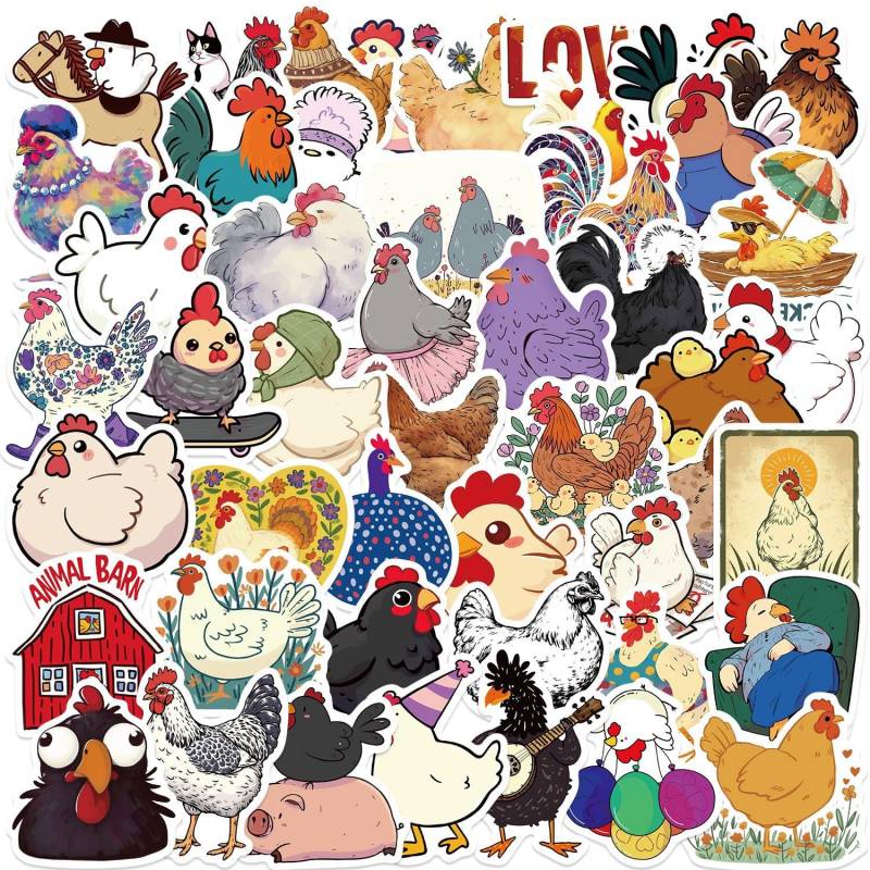 Huhn Aufkleber 50 Stück Vinyl Funny Cartoon Tier Aufkleber für Laptop Skateboard Gepäck Auto Telefon Scrapbook Fahrrad Koffer,Wasserdicht Niedliche Bunte Chicken Stickers für Kinder Erwachsene von LYLSDSB