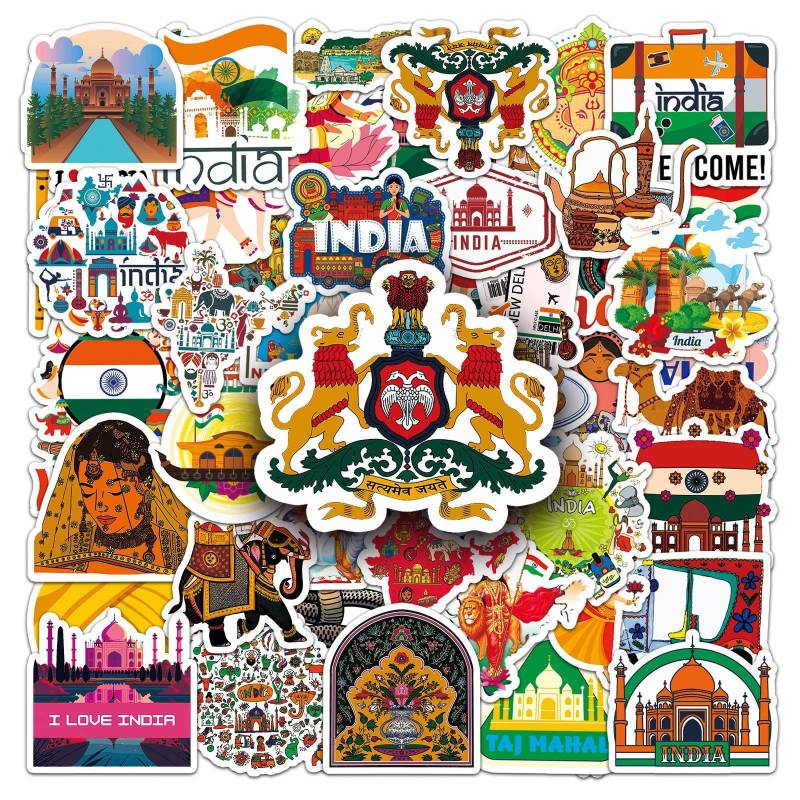 Indien Aufkleber 50 Stück Vinyl Indien Reise Landschaftliche Sticker für Laptop Wasserflasche Skateboard Scrapbook Gepäck Computer, Wasserdicht Cartoon Vintage Aufkleber für Teenager Erwachsene von LYLSDSB