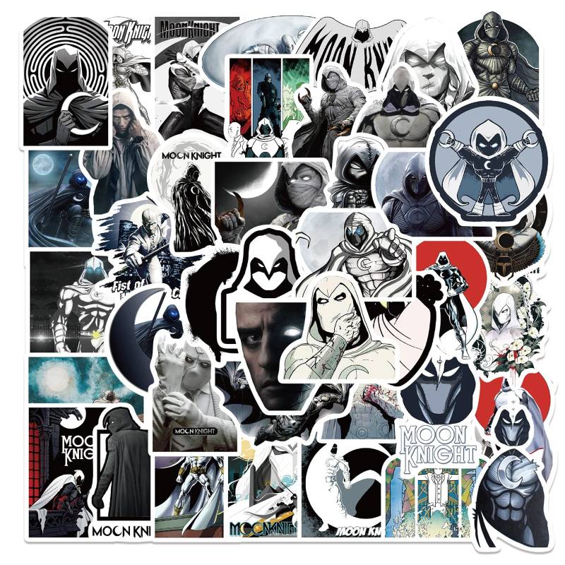 LYLSDSB 50 Stück Moon Knight Aufkleber Vinyl Held Film Cartoon Sticker für Laptop Skateboard Wasserflaschen Motorrad Auto Gepäck,Wasserdicht Cool Hero Aufkleber für Kinder Teenager von LYLSDSB