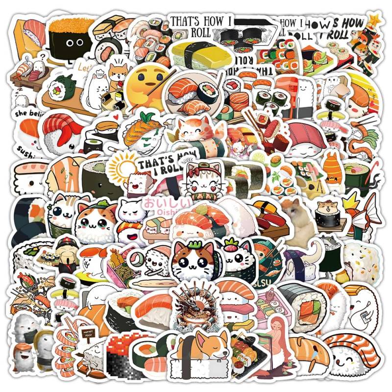 LYLSDSB Sushi Aufkleber 100 Stück Niedliche Wasserfeste Essen Aufkleber für Laptop Gepäck Scrapbook Motorrad Skateboard Auto Telefon Gitarre,Vinyl Ästhetische Funny Onigiri Sticker für Mädchen Kinder von LYLSDSB