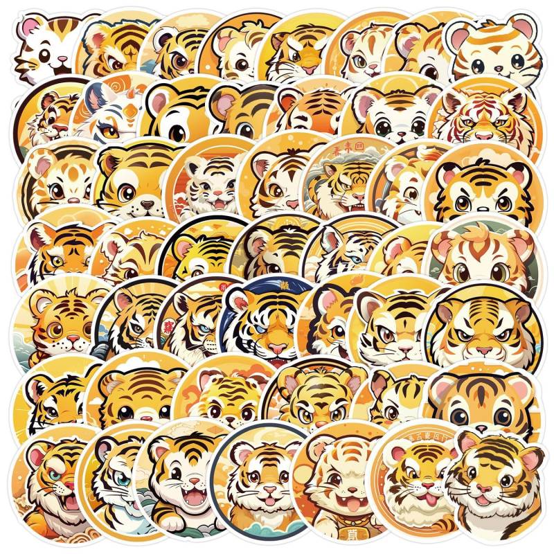 LYLSDSB Tiger Aufkleber 50 Stück Niedliche Cartoon Tier Aufkleber für Laptop Skateboard Gepäck Auto Telefon Gitarre Scrapbook Fahrrad,Wasserdicht Funny Tiger Sticker für Kinder Erwachsene von LYLSDSB