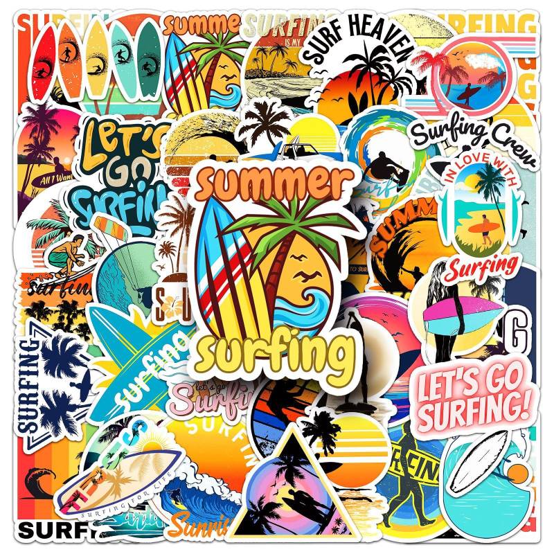 Surf Aufkleber 50 Stück Summer Strand Surf Vinyl Aufkleber für Laptop Skateboard Koffer Telefon Motorrad Computer Auto Scrapbook Gepäck,Wasserdicht Cartoon Surfing Sports Sticker für Kinder Jungen von LYLSDSB