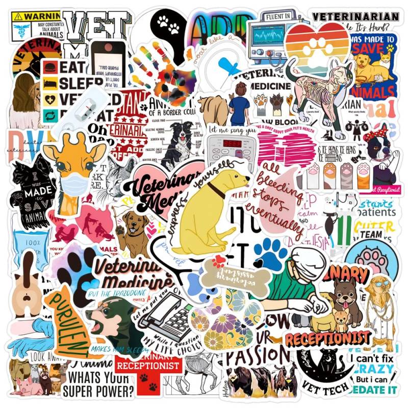 Tierarzt Aufkleber 100 Stück Vinyl Funny Tiere Doctor Stickers für Wasserflaschen Skateboard Laptop Fahrrad Scrapbook Gepäck Motorrad,Wasserdicht Cute Veterinarian Aufkleber für Kinder Erwachsene von LYLSDSB