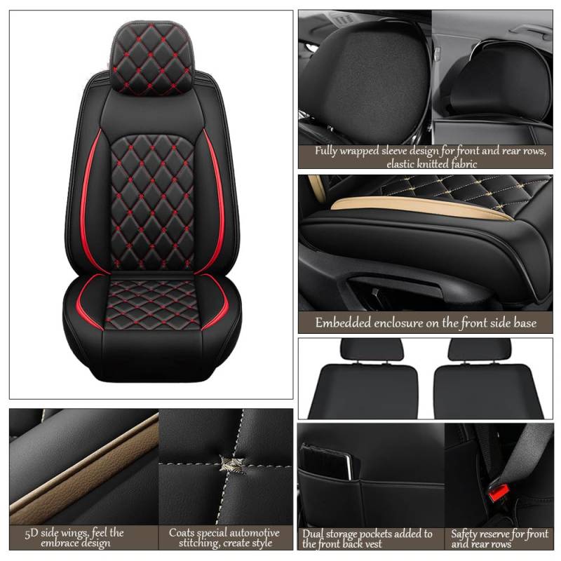 LZHIF Autositzbezug für Aygo, 5-Sitzer-Autositzbezug Vorn und Hinten, Nappa-Leder, Wasserdichtes Sitzkissen,Black and red-Front Pair von LZHIF