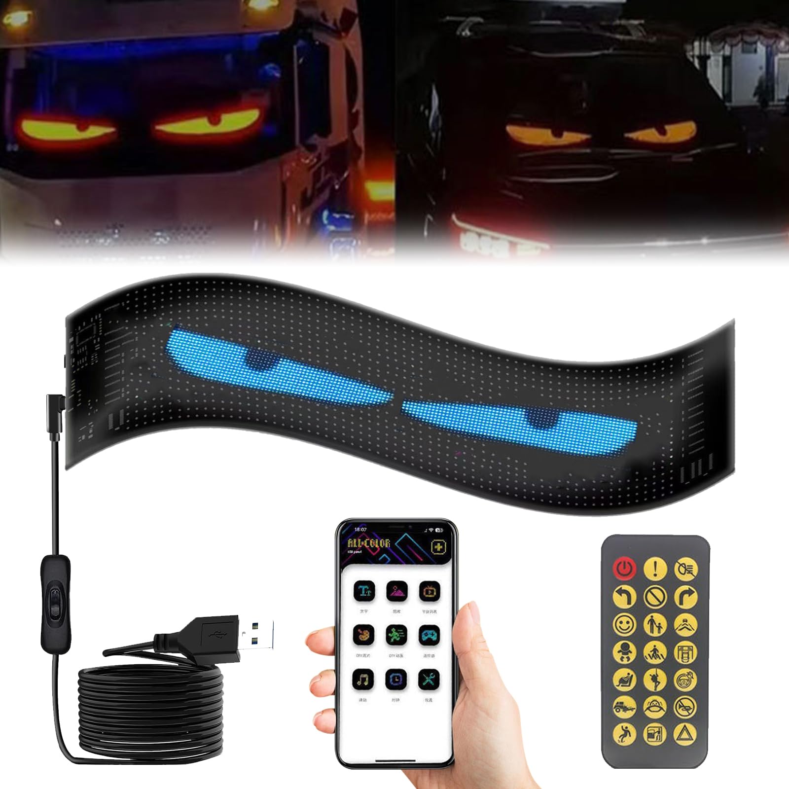 LED Augen für Lkw und Auto, 133cm, Flex LED Display Auto Augen, Devil Eyes Programmierbare mit Fernbedienung und APP, USB Wasserdichte Dynamische LED Augen (192×1330mm(16×144 Pixel)) von LZLUCKCOME