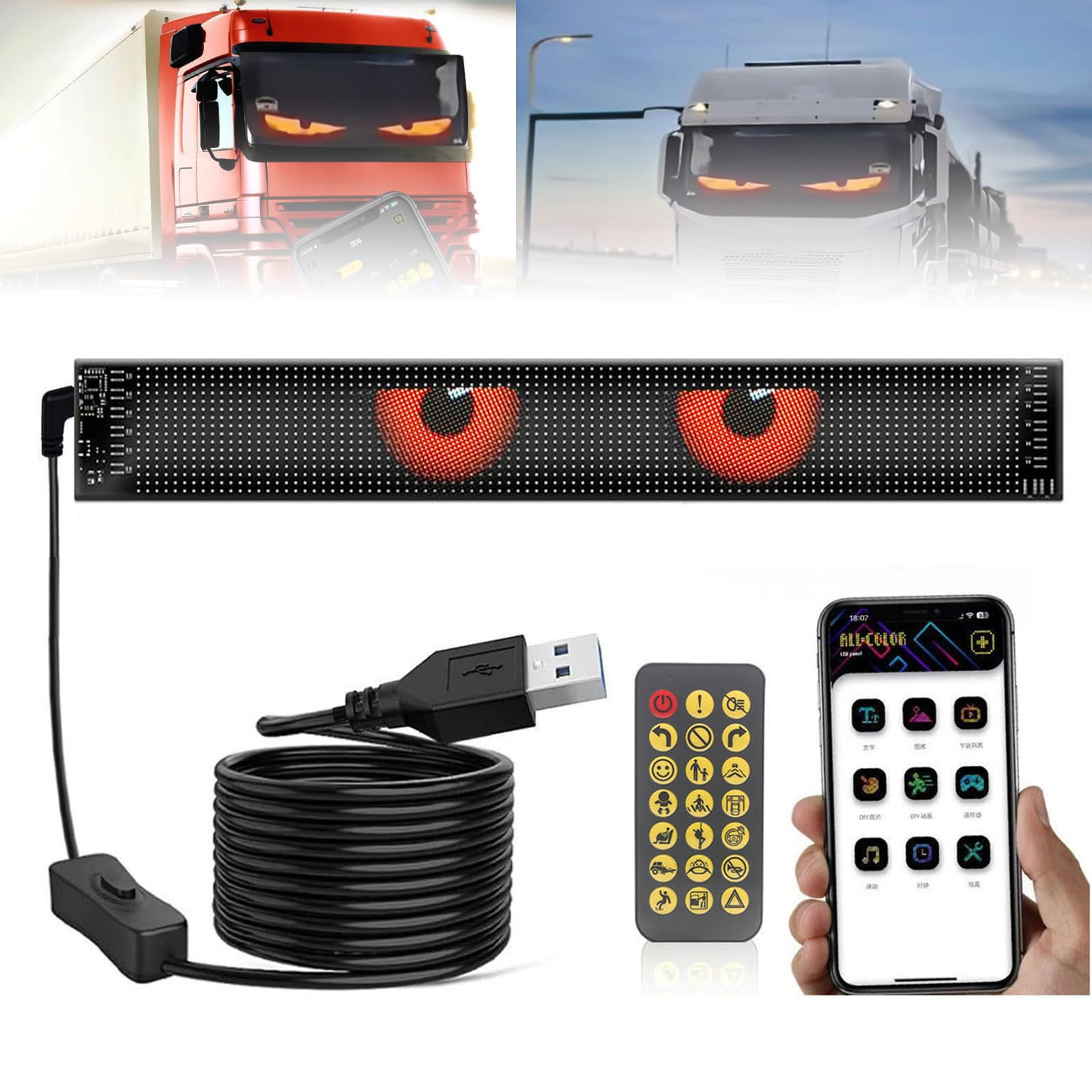 LED Augen für LKW und Auto, 35cm, Flex LED Display Auto Augen, Devil Eyes Programmierbare mit Fernbedienung und APP, USB wasserdichte Dynamische LED Augen (102×348mm(20×64 Pixel)) von LZLUCKCOME