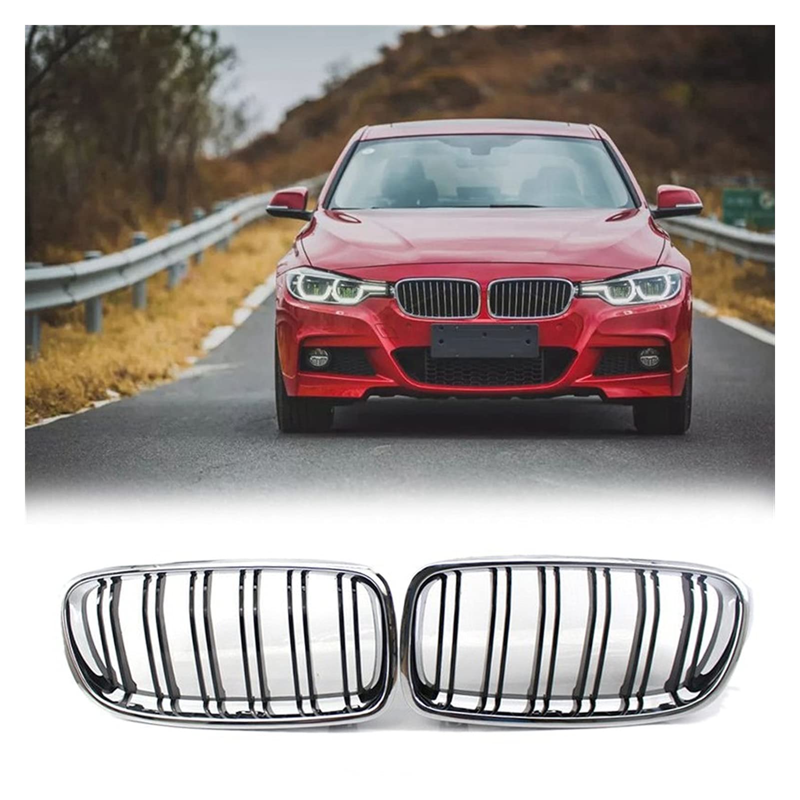 LZLWL Front KüHlergrille Auto Glanz Schwarz Dual Slat Half Chrom Nierengitter Für BMW 3-Series F30 2012-2018 StoßStange Niere KüHlergrill von LZLWL