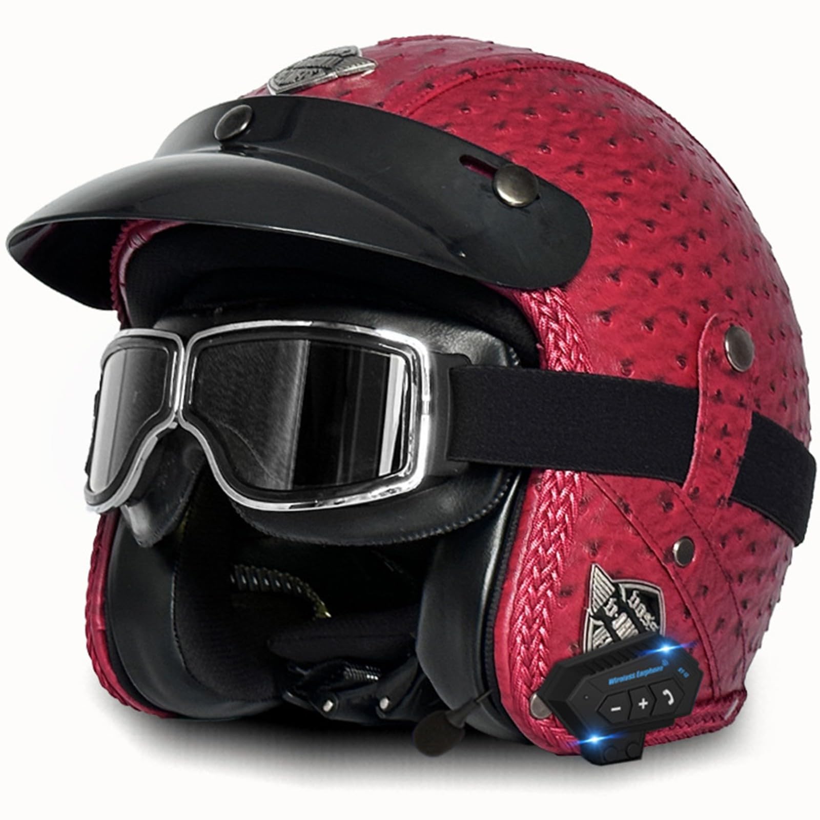 Bluetooth-Motorradhelm Mit Offenem Gesicht Vintage-Motorradhelm Aus Leder Mit Personalisierter Schutzbrille DOT/ECE-Zertifiziert Erwachsene Männer Frauen Mopeds Cruiser 15,S55-56CM von LZPHGT
