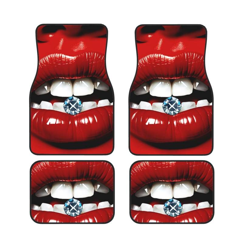 Rote Lippen mit Diamantdruck Auto Fußmatten Set von 4 Stück Universal Auto Vorne Hinten Boden Fußmatten Heavy Duty Anti-Rutsch Automatte Full Set Auto Boden Teppiche für Auto Zubehör von LZQPOEAS