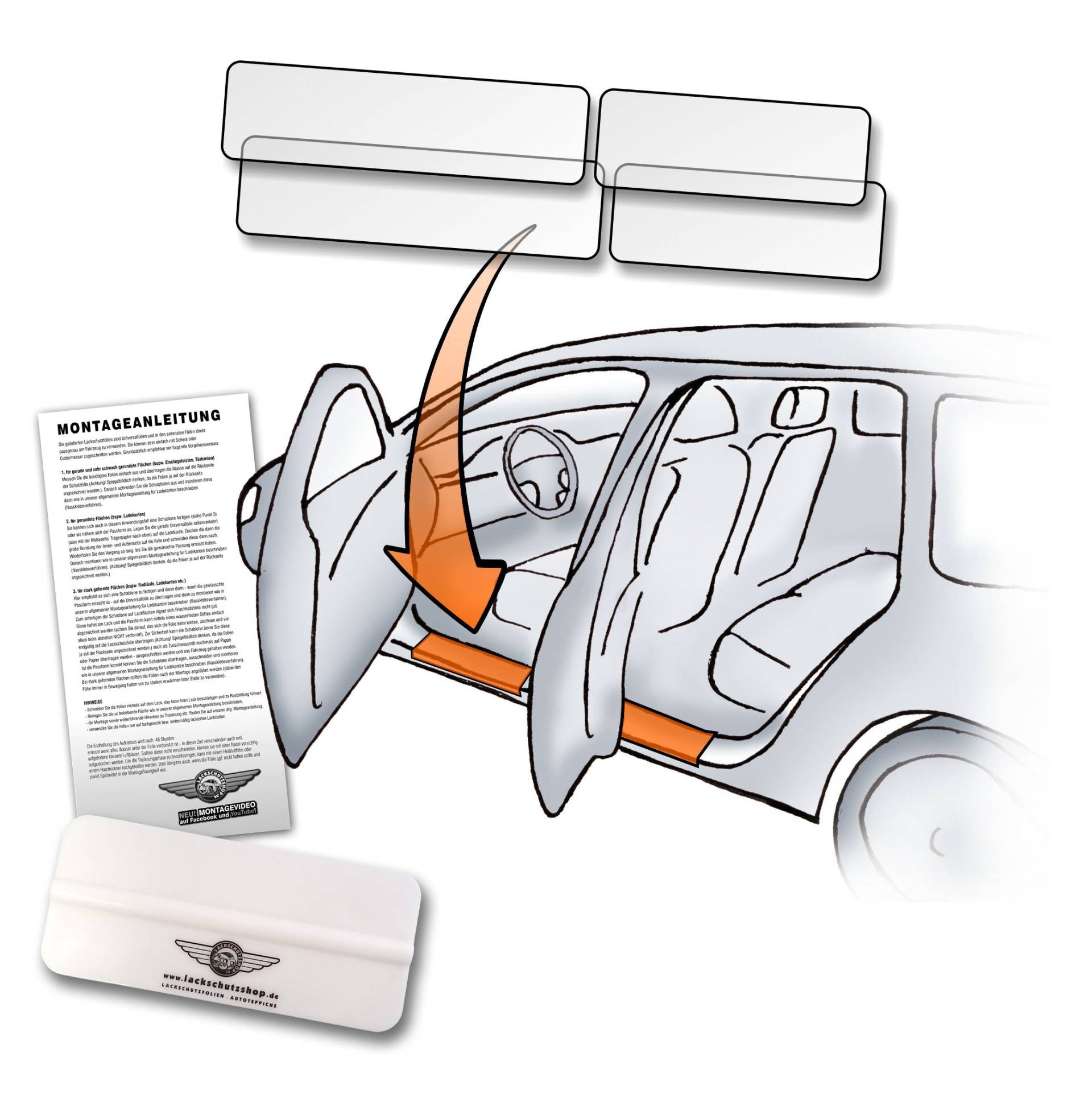 Universal Lackschutz-Folie im Set als Steinschlagschutzfolie, Klebe-Folie Schutz-Folie und Auto-Folie für Tür-Einstiege und Einstiegsleisten (2X 65x13cm, 2X 50x13cm) transparent selbstklebend + Rakel von Lackschutzshop