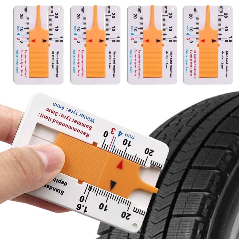 Laluky 4 Stücke Reifen Profiltiefenmesser, 0-20 mm Tiefe Meter Vernier Tiefenmessschieber, Kunststoff Reifenprofil Tiefenmesser, Tyre Tread Depth Gauge Measure Tool für Auto, Motorrad, Van,(Orange) von Laluky