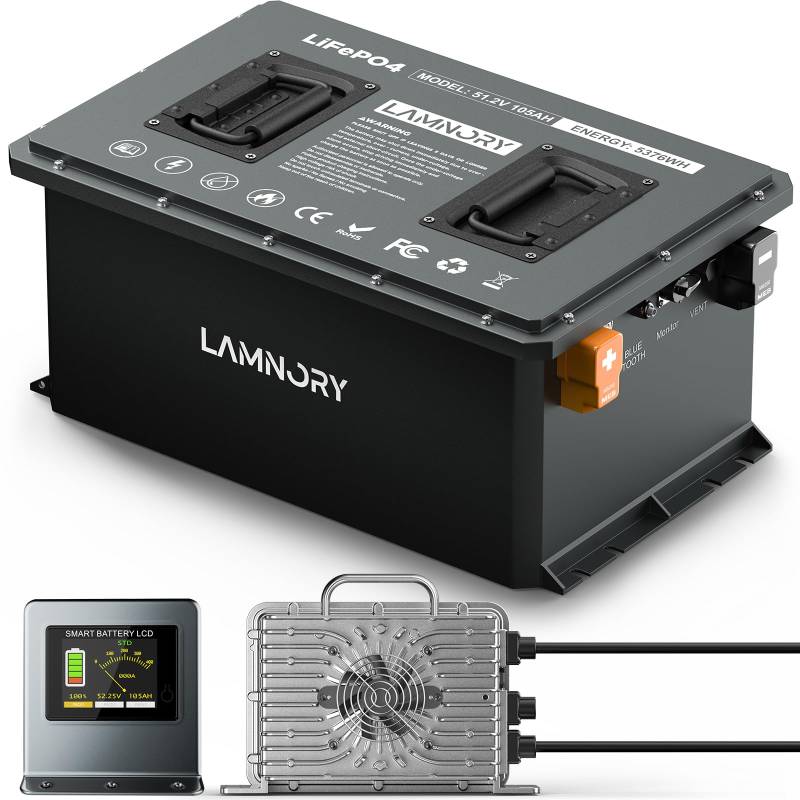 48V 105Ah 5376WH BMS 200A Lithium Golf Trolley Batterien mit Touchmonitor und 58.4V 22A Ladegerät, LiFePO4 wiederaufladbarer Akku über 4000 Zyklen, perfekt für Trolleys: von Lamnory