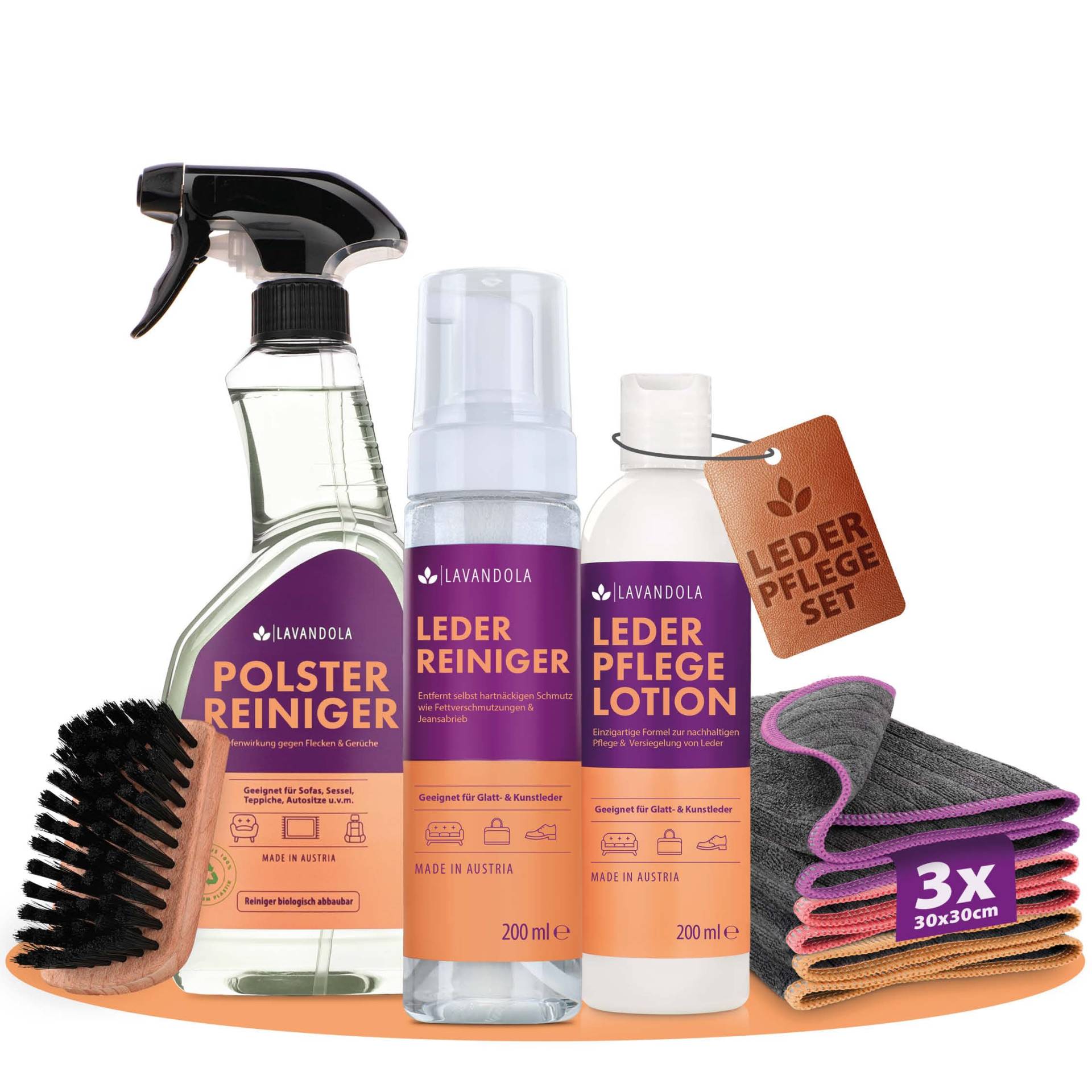 Lavandola Lederpflege Set - 1x Leder Reiniger 200ml, 1x Leder Pflege Lotion 200ml, 1x Polsterreiniger 500ml, 3X Mikrofasertücher, 1x Lederbürste - Lederreiniger Auto, Lederpflege für Ledercouch von Lavandola