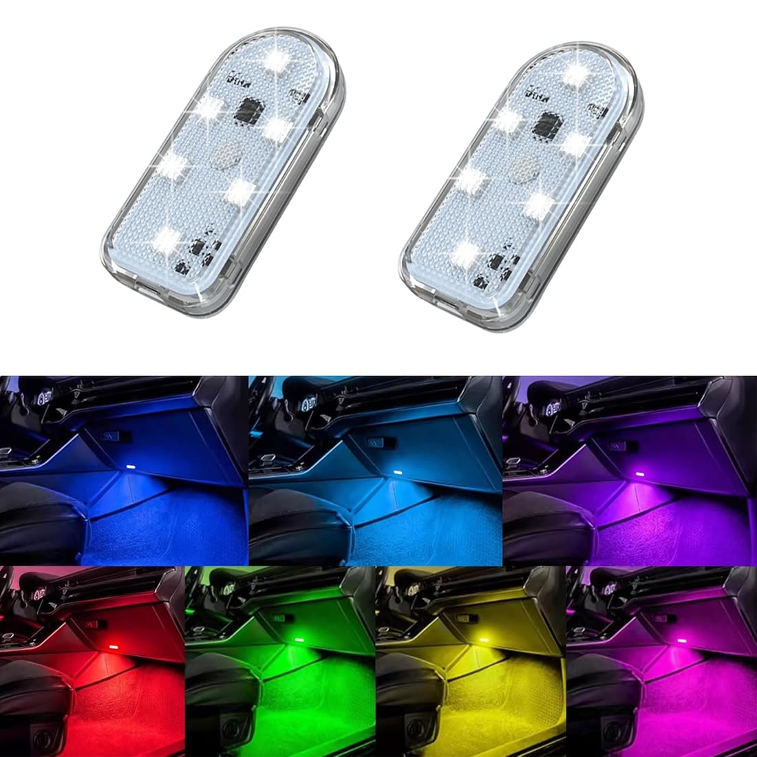 2 Stück Auto LED Innenbeleuchtung,7 Farben LED Innenraum Auto Lichter mit 6 Helle LED Lampe Perlen,USB wiederaufladbare Auto Innenbeleuchtung,Tragbare Auto Innenraum LED Lichter für Auto von Lcxecnw