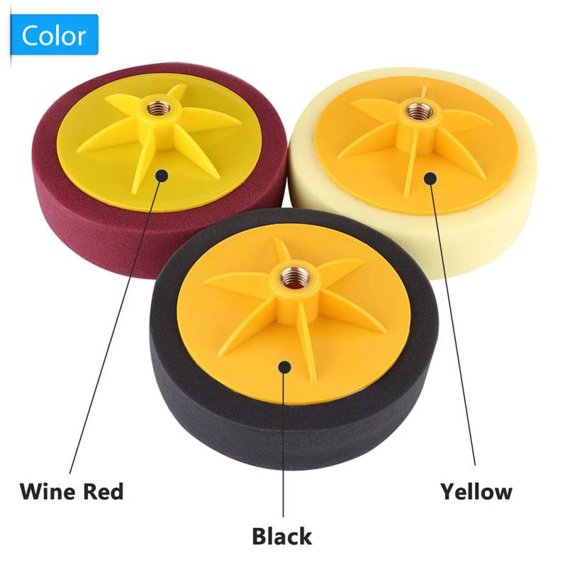 Ldafava Sponge Wheel Polishing Waxing Pad Kit Werkzeugauto -Politur 6inch 15 cm Weichwaschbar wiederverwendbares schwarzer gelber Wein Red M14 (Black+Yellow+Wine red 3 -Piece Set) von Ldafava