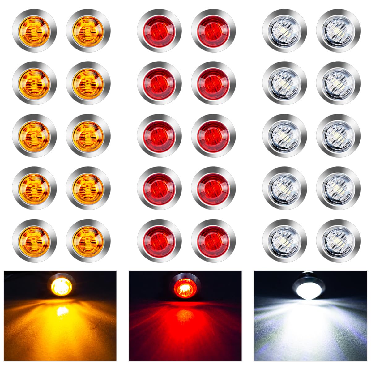 LeKaufen LED Seitenleuchten Runde 30 Stück 1,9cm Auto Begrenzungsleuchten Anhänger, 12v/24v Positionsleuchten Seitenmarkierungsleuchte Warnlicht Für Auto（10 Orange + 10 Rot + 10 Weiß） von LeKaufen