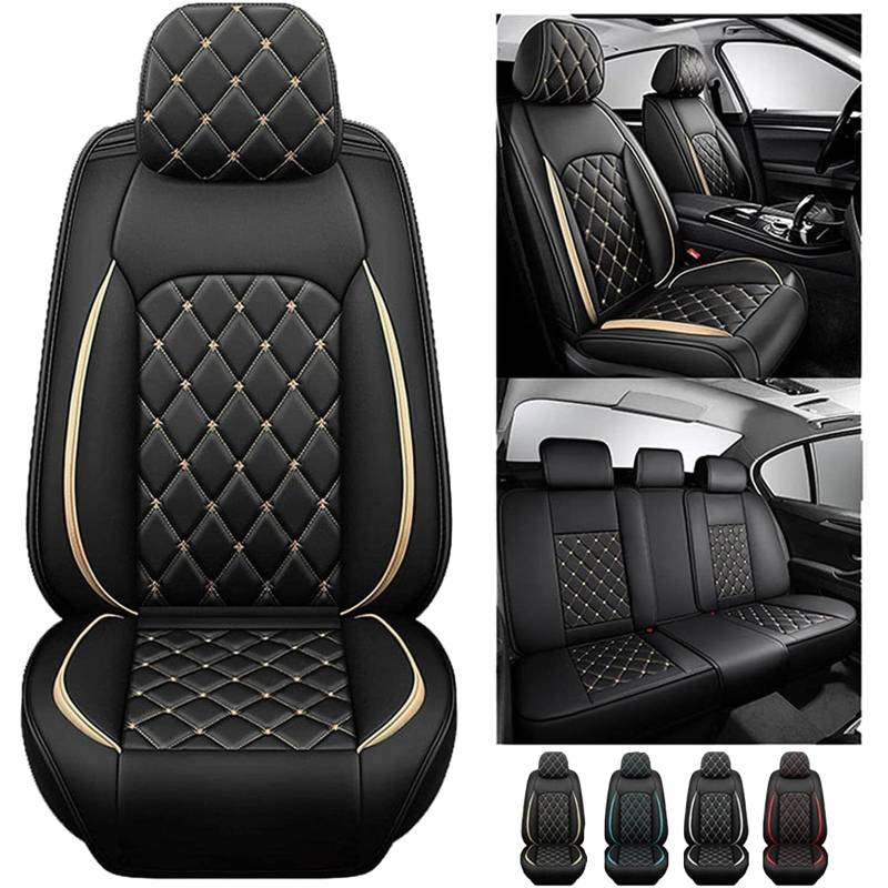 LeaHy Auto Sitzbezüge Sets Für Seat Leon 2009-2018, Leder Allwetter Vorne Und Hinten Sitzbezug wasserdichte Atmungsaktiv Komplettset Schonbezug Innenraum Zubehör,C/Black-Gold von LeaHy