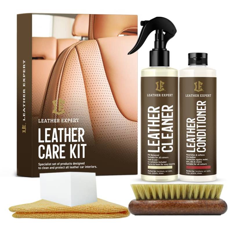 Lederpflege Auto und Reinigung Set - Lederreiniger Auto 250 ml und Autolederpflegemittel 250ml - Farbneutral - Entfernt Schmutz und Unangenehme Gerüche - mit Zubehör von Leather Expert