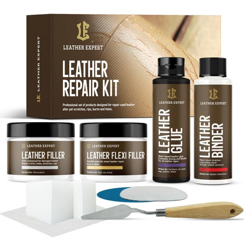 Leder Reparatur Set für Handwerker – Lederreparatur Set mit Lederkleber, Lederbinder, Flüssigleder, Leder Filler – Kunstleder, Autositz, Polster, Vinyl, Schuhe Reparaturset - mit Werkzeugen von Leather Expert