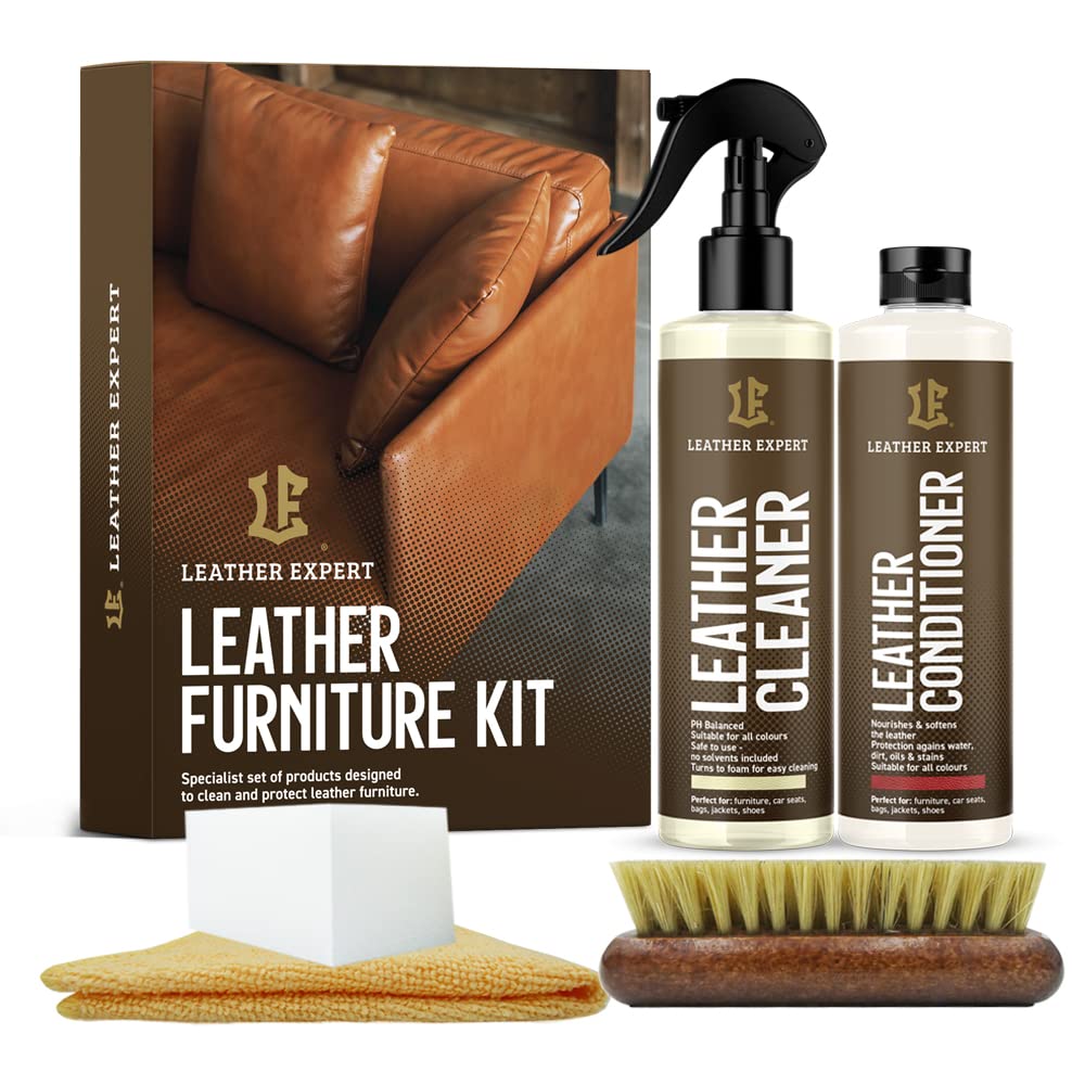 Lederpflege für Ledercouch Set Farbneutral - Lederreiniger Sofa und Leather Conditioner 250 ml - Biologisch Abbaubar Lederpflege für Möbel - Entfernt Unangenehme Gerüche - mit Zubehör von Leather Expert