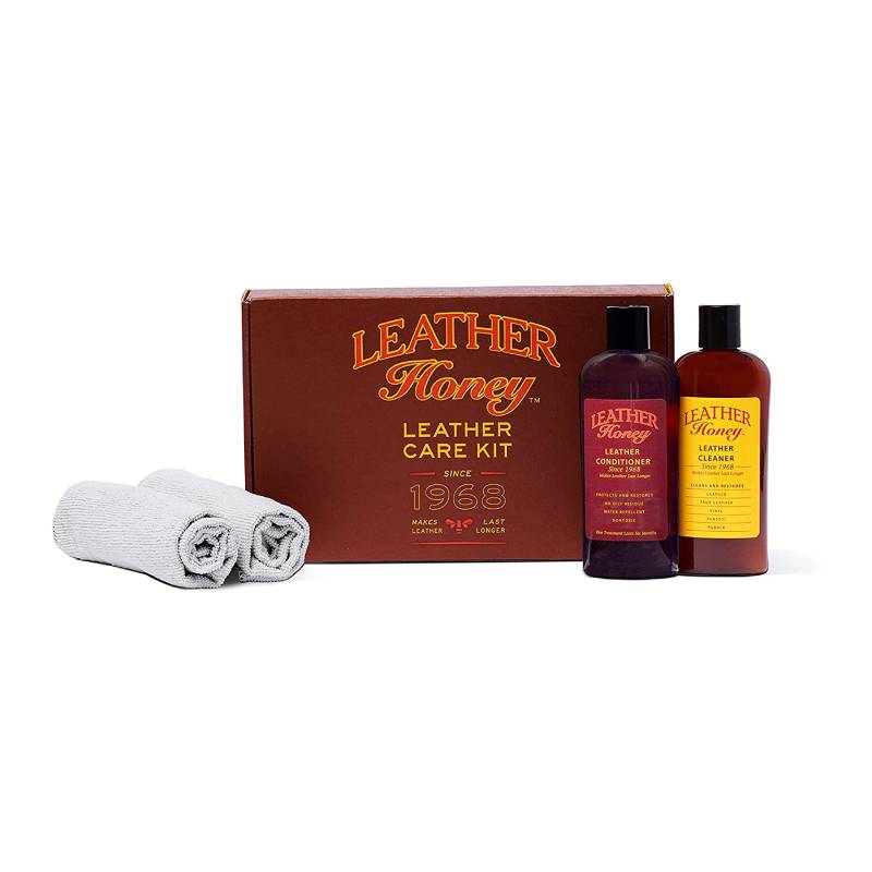 Leather Honey Komplettes Leder Reparatur Set - Lederpflegemittel (236ml), Lederreiniger (236ml) und zwei Tüchern zur Anwendung auf Lederkleidung, Möbel, Autoinnenausstattung, Schuhe und Handtaschen von LEATHER Honey