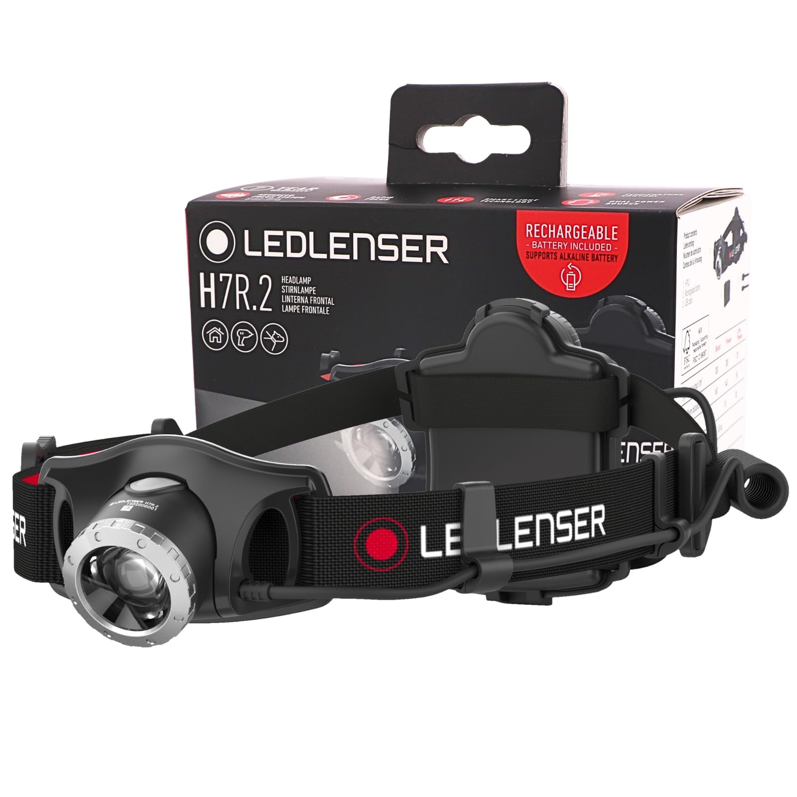 Ledlenser H7R.2 Stirnlampe LED, aufladbar mit Lithium Akku, auch mit 4xAAA Batterien nutzbar, fokussierbar, 300 Lumen, stufenlos dimmbar, Leuchtweite 160m, rotes Rücklicht, USB Ladekabel, schwenkbar von Ledlenser