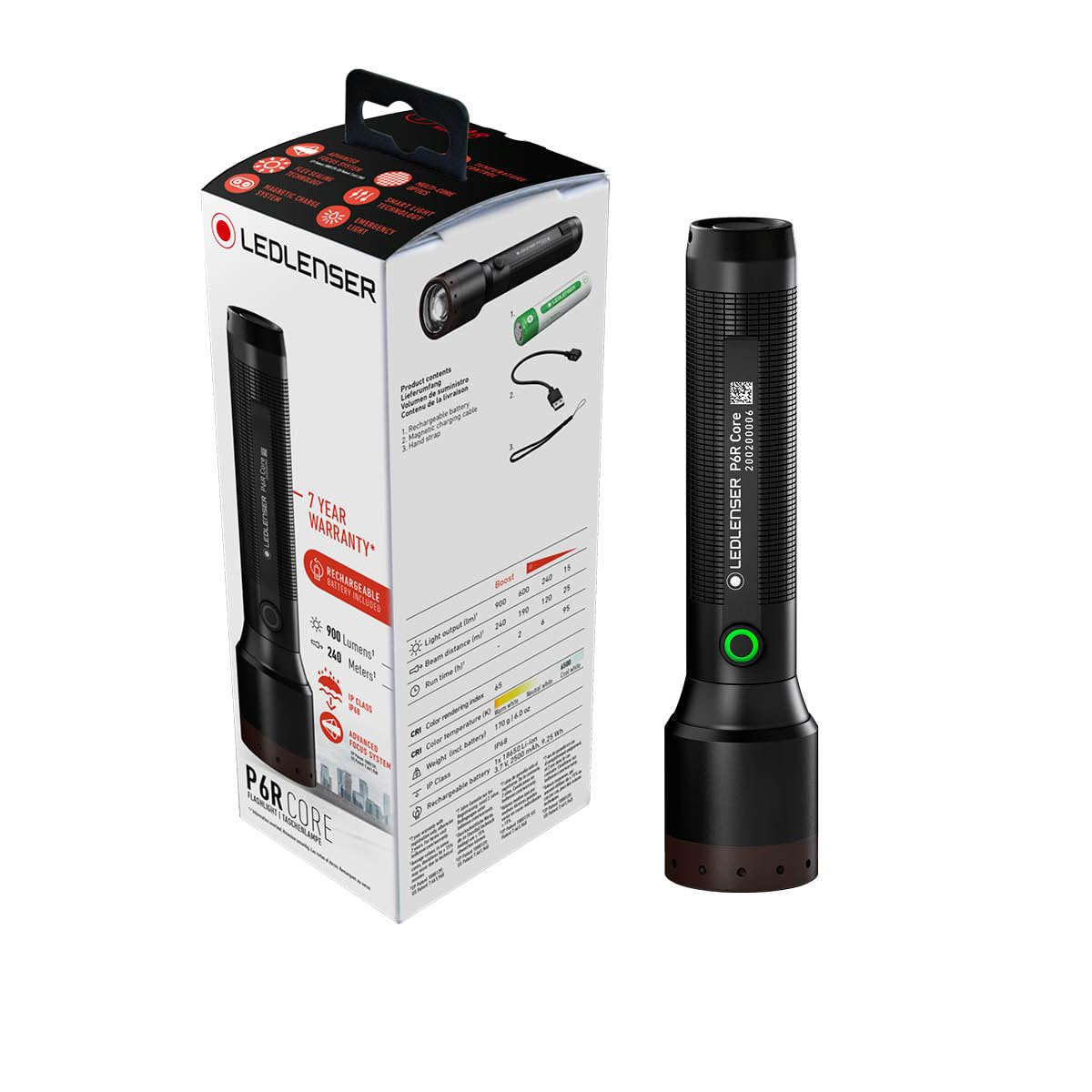 Ledlenser P6R Core Allround Taschenlampe LED, 900 Lumen, aufladbar mit 18650 Lithium Akku, wasserdicht IP68, fokussierbar, 240m Leuchtweite, Constant Light, USB Magnetladekabel, Flashlight von Ledlenser