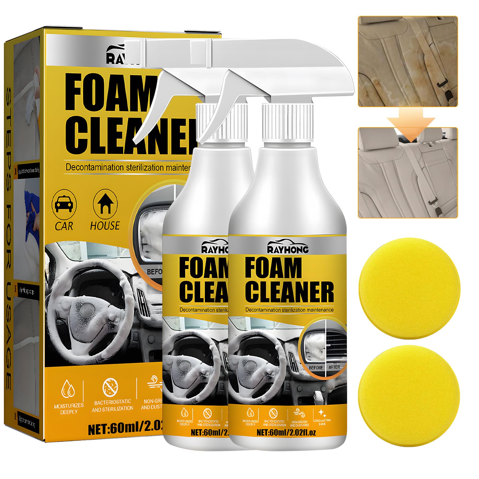 Foam Cleaner,Neuer Mehrzweck-Schaumreiniger,Schaumreiniger Für Den Autoinnenraum, Multifunktionaler Schaumreiniger mit Zwei Schwämmen beigelegt, Foam Cleaner Auto (2PCS) von Leeelyan