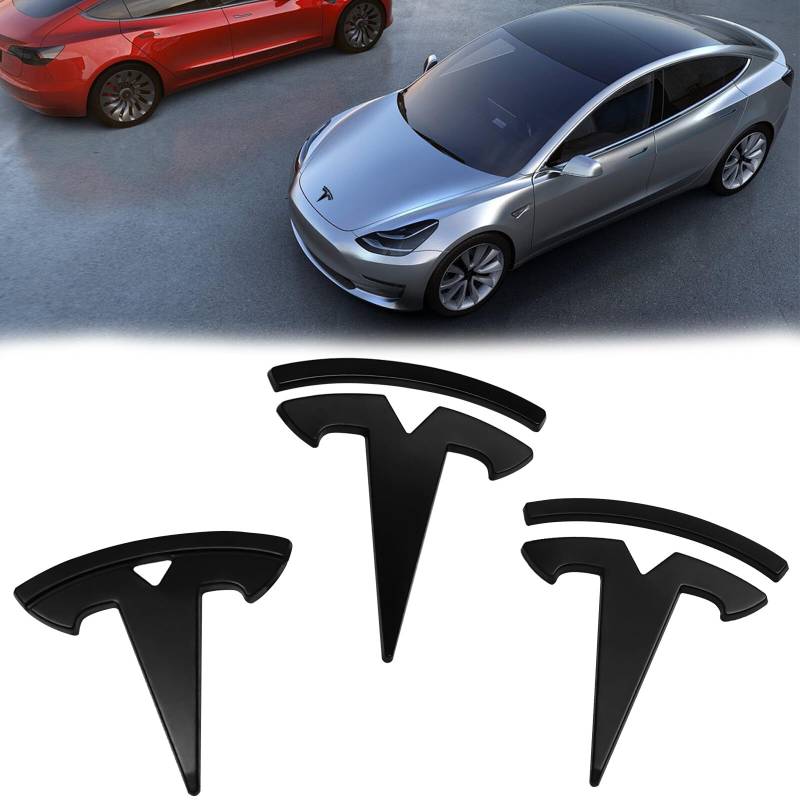 3 Stücke Tesla Emblem Logo: Modell 3 Auto Marke Etikett Front Motorhaube Frontkennzeichen Kofferraum Lenkrad Logo Aufkleber Mattschwarze Emblem Auto Zubehör Kompatibel mit Tesla Model 3 von Leikurvo