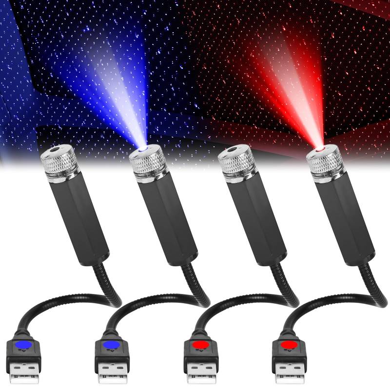 4 Stück Auto Dach Stern Nachtlicht, LED Auto Decke Starlight, Tragbare USB Auto Dach LED Lichter, Auto Innen Atmosphäre Licht Mehrere Modi für Auto Zuhause Party, Plug and Play(Rot und Violettblau) von Leikurvo