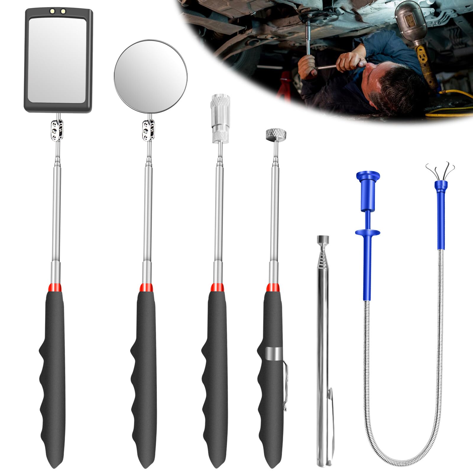 6 Stück Versenkbar Inspektionsspiegel Kit, Teleskopspiegel Pick up tool Set Teleskop Magnet Werkzeug mit LED Lampe, Quadratisch Runder Inspektionsspiegel Teleskopgriff 360 Drehbar Krallengreifer von Leikurvo