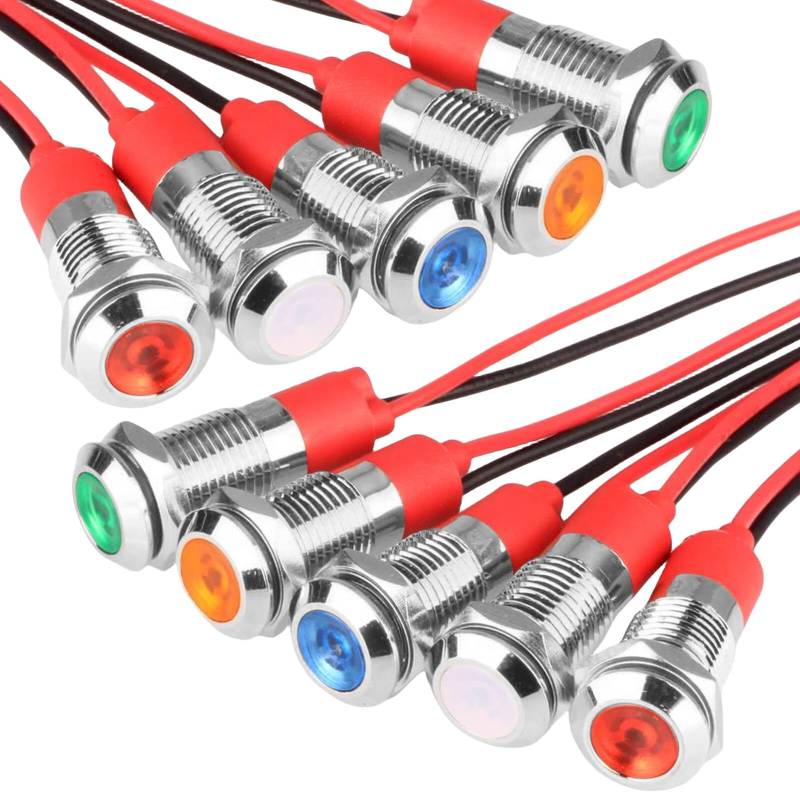 Leikurvo 10 Stück Kontrollleuchte, 6mm LED Kontrollleuchte 12V Metall Kontrollleuchte mit Draht wasserdichte Signallampe (Rot Grün Gelb Blau und Weiß je 2 Stück) von Leikurvo