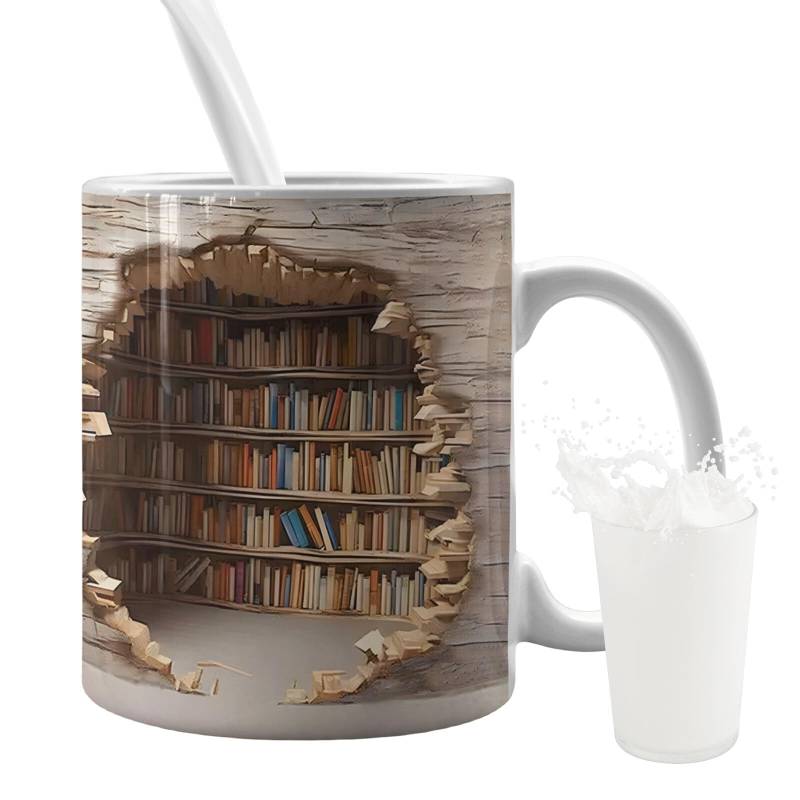 Leikurvo 3D-Bücherregal-Tasse, Buch-Keramik-Kaffeetasse, Bücherregal Reisebecher, Teebecher Milchbecher Porzellan Knochenbecher Neuheit Sprüche Buchliebhaber Becher für Glühgetränke von Leikurvo