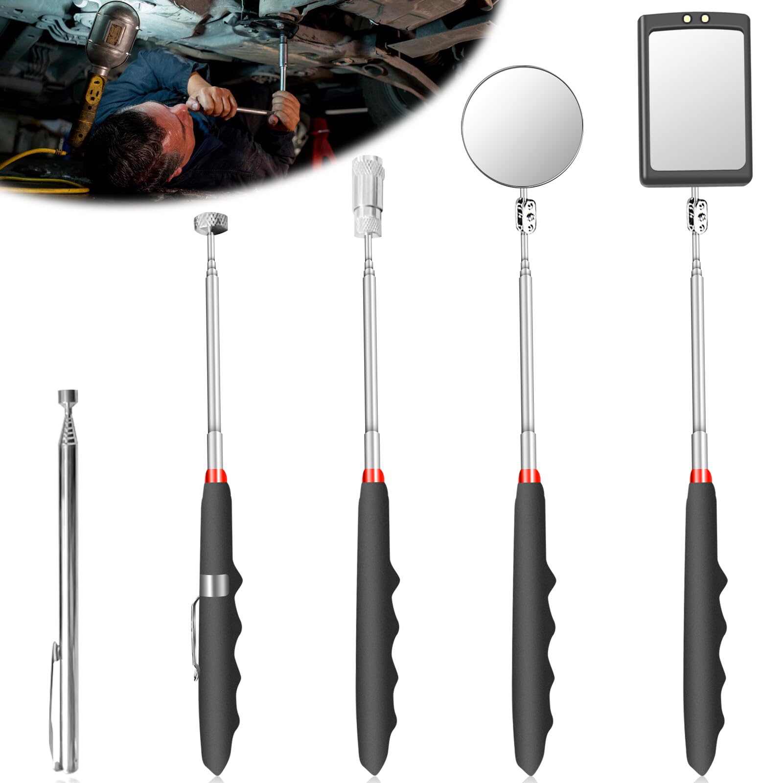 Leikurvo 5er-PackVersenkbar Inspektionsspiegel Kit: Teleskopspiegel Teleskop Magnet Werkzeug mit LED Lampe, Quadratisch und Runder Inspektionsspiegel Teleskopgriff 360 Drehbar Pick up Tool Set von Leikurvo