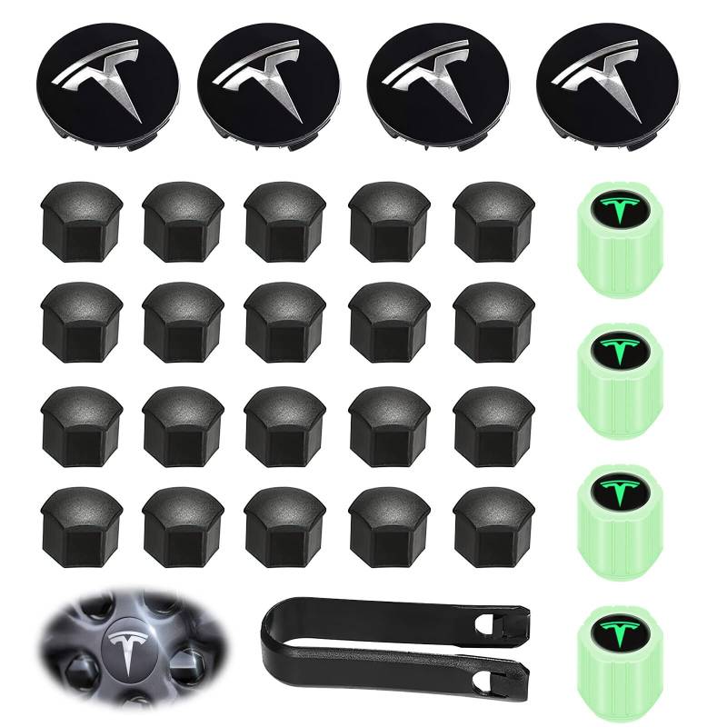 Leikurvo Tesla Radkappen-Set: Tesla Radkappen Kit Center Radkappen-Set Radmuttern Mutter-Abdeckung Tesla-Logo Emblem Änderung Nabenabdeckung Abdeckkappen Nabendeckel Model Y Model 3 Model S Model X von Leikurvo