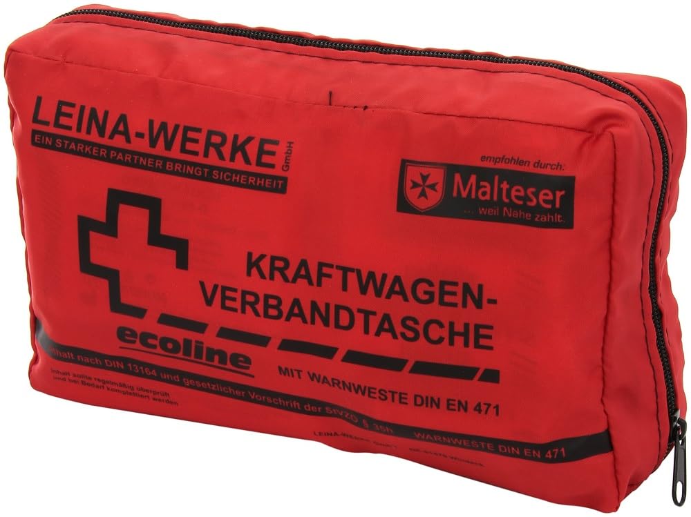 Leina-Werke 11052 KFZ-Verbandtasche Compact Ecoline mit Warnweste und Klett, Rot/Schwarz von LEINA-WERKE