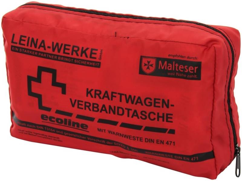 Leina-Werke 11052 KFZ-Verbandtasche Compact Ecoline mit Warnweste und Klett, Rot/Schwarz von LEINA-WERKE