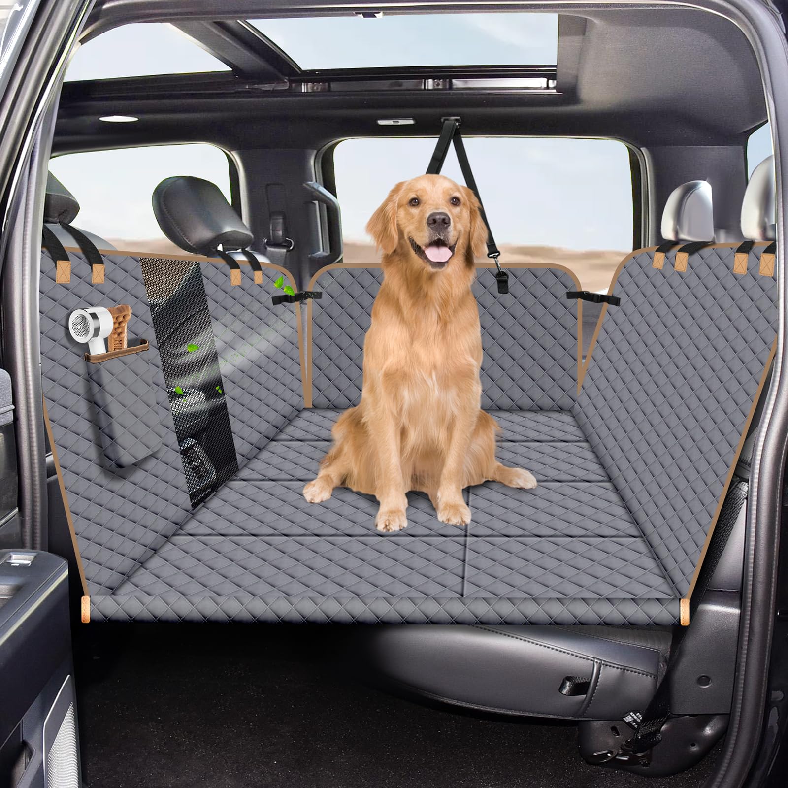 Lekespring Hundedecke Auto Rückbank Fester Boden - 4 Stabile Platten Hundedecke Rücksitzbank mit Harter Unterseite, Wasserdicht Autoschondecke Hund Rücksitz für Pkws, SUVs und Lkws (XL, Grau) von Lekespring