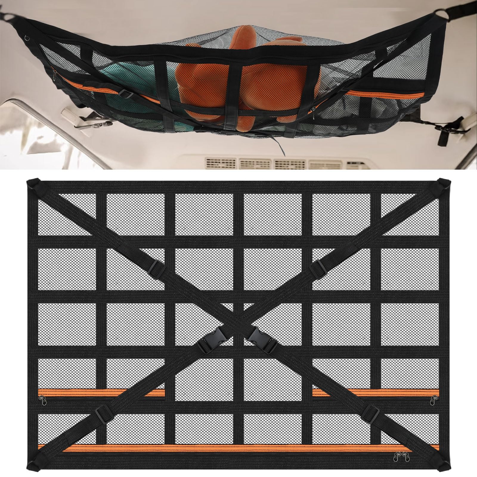 Lemecima Autodach Gepäcknetz Decke, 90 × 65 cm Universal Aufbewahrungsnetz mit Verstellbare Kreuzgurte und 3 unabhängige Reißverschlusstaschen für Vier Dach Armlehnen auf Autos, Jeeps, Van, SUV von Lemecima