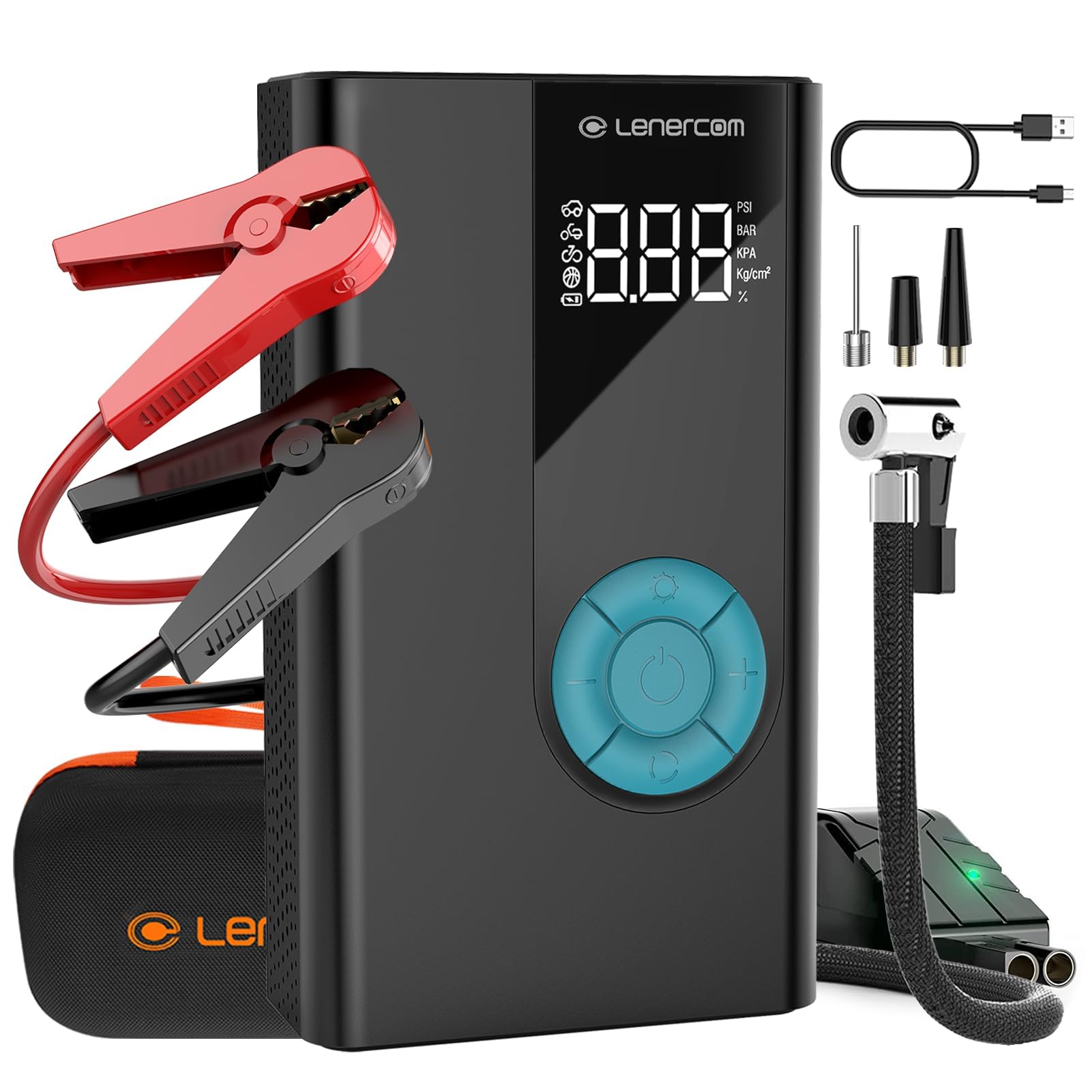 Starthilfe Powerbank mit Kompressor, 4-in-1 Powerbank Auto Starthilfe Batterie Booster, 150PSI Digitalem Reifenfüller mit LED Taschenlampe, 12V Jump Starter 1500A (bis zu 7.0L Benzin, 4.0L Diesel) von Lenercom