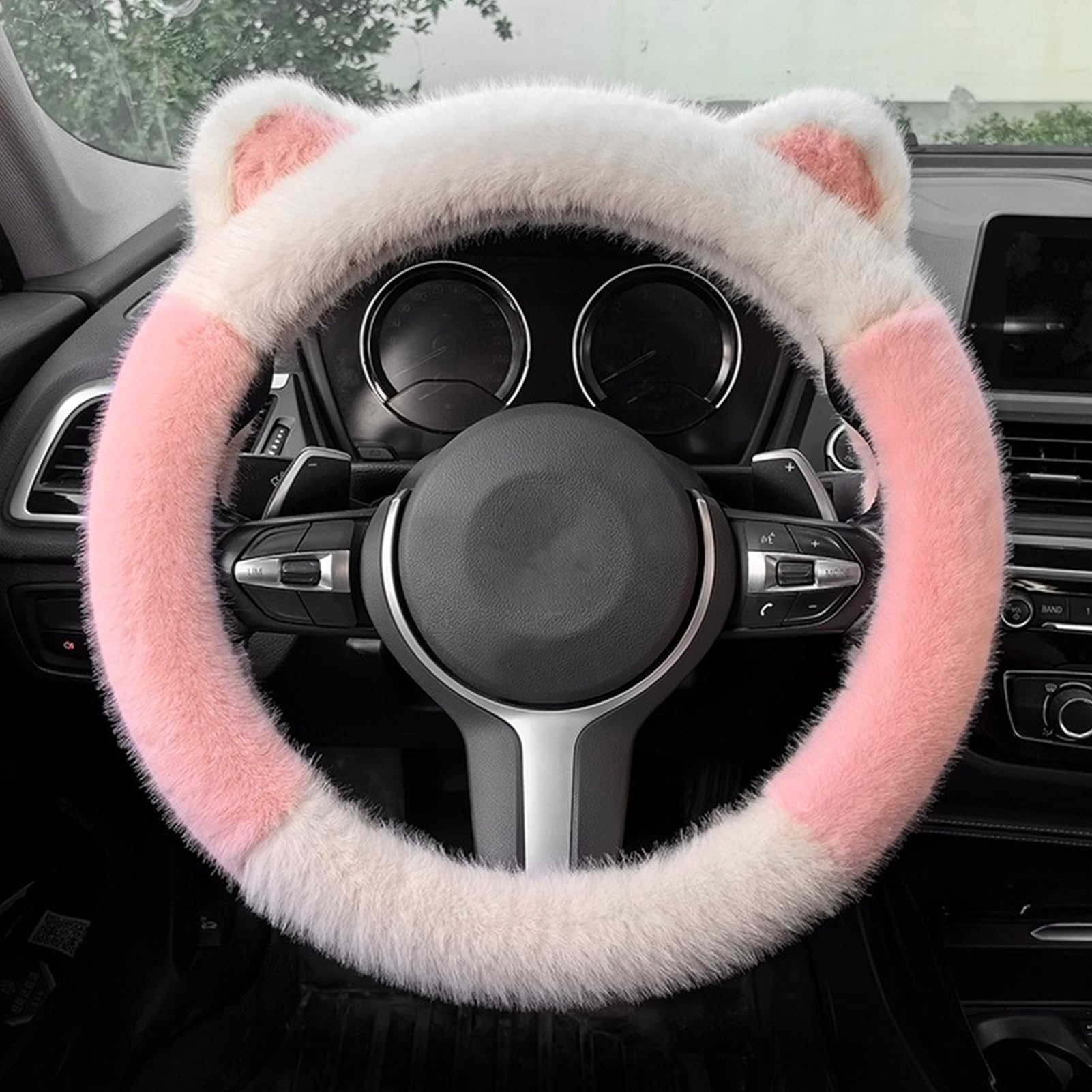 Lenkradbezug Plüsch, Auto Lenkradbezug Winter, Plüsch Lenkradbezug Warm mit Niedliche Katzenohrform, Auto Winter Zubehoer, Universal Lenkradbezug für Die Meisten Autos (Rosa+Weiß) von Lergas